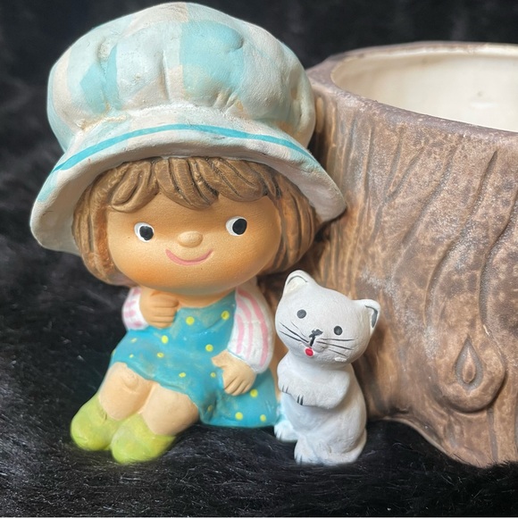 Vintage Napco ceramic girl and cat log planter Poppet woodland bohemian plant - Picture 3 of 9